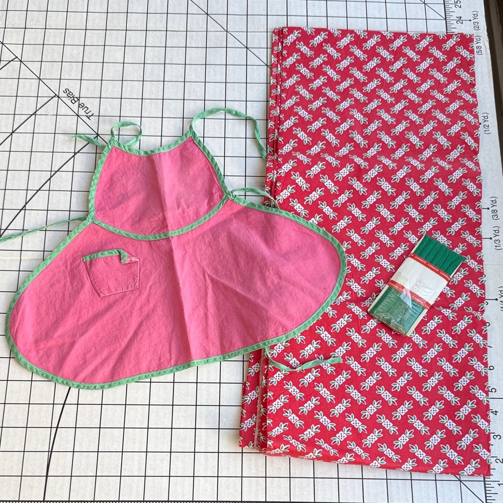 Vintage Child’s Apron & Fabric Lot – Red Floral Cotton Yardage, Pink Apron